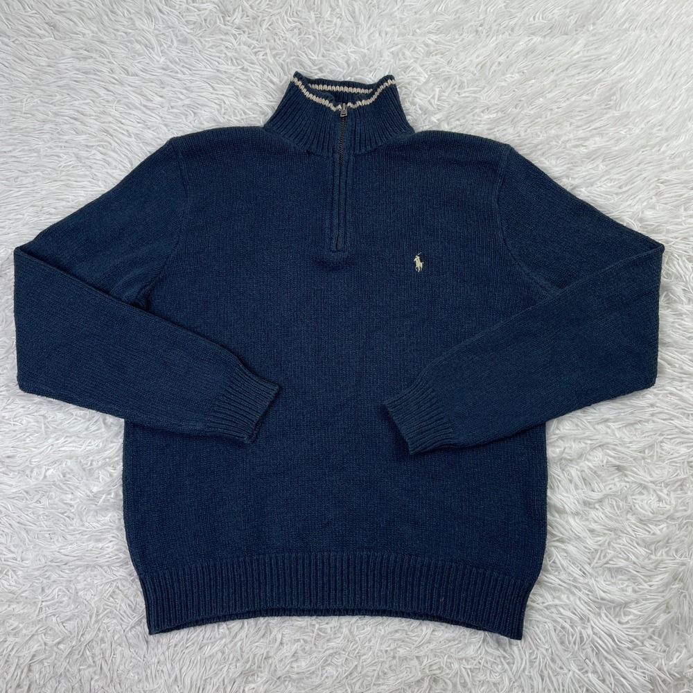 VTG Polo Ralph Lauren Sweater Mens Medium Blue 1/4 Zip Ribbed Mock Neck‎ Pony M